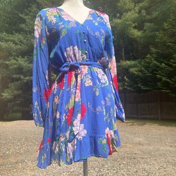 Yumi Kim Sz 0 Blue with floral pattern, chiffon, long sleeve mini dress. - Picture 8 of 16